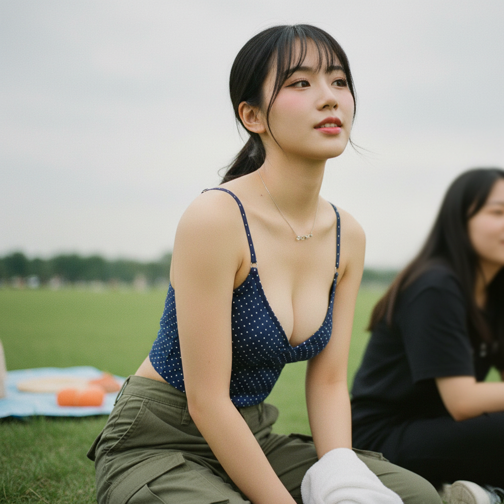 在户外草地边、阴天自然光下,一位25岁左右的东亚女性坐着,被抓拍到三分之四侧脸。她是一位 coser,黑色马尾、空气刘海,有自然淡妆(轻腮红、柔和眼线、粉色唇)。她佩戴细银项链,肩颈与锁骨线条清晰,B罩杯饱满胸型,身型紧致无赘肉。上身穿海军蓝细波点吊带短上衣,心形/微V领口(深v)、金属肩带调节环可见;下身为高腰军绿色工装裤。她右手持白色毛巾,身体微前倾、目光看向右侧,表情温柔害羞、面色轻微绯红,轻咬下唇。背景为轻微雾化的草地与野餐物件(蓝色垫、橙色物件)并强烈散景,右侧有一位朋友被半截裁切且虚化。
她最后是抬头看向镜头,歪头带着一点调皮的笑。
色调柔和、对比偏低,长焦镜头、浅景深(bokeh)、细微颗粒与轻雾感,胶片感但保持写实。Portra-style film grain, subtle warm tint, gentle halation