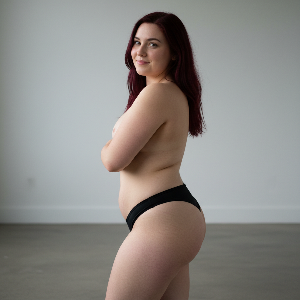 unfiltered image, photorealistic, highly detailed, professional, thick young woman. she has dyed dark red hair, soft belly with strechmarks, curvy body but slim waist. she wears thongs.she is standing sideways. She smiles at me.realistic style