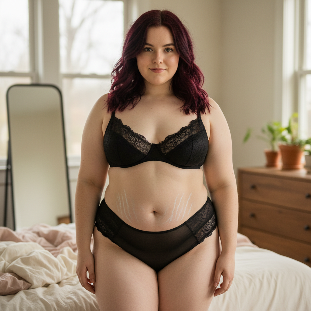 unfiltered image, photorealistic, highly detailed, professional, chubby 19 years old girl, she has dyed dark red hair, soft belly with strechmarks, curvy body, she wears lingerie., realistic style