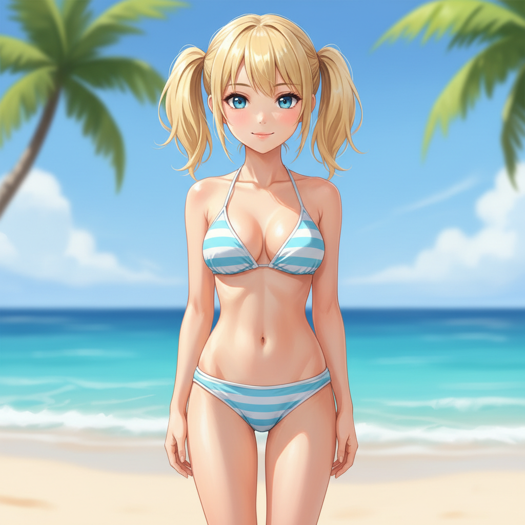 petite blonde, anime but realistic, blue eyes, small boobs, perky, innocent. Over 18, in bikini