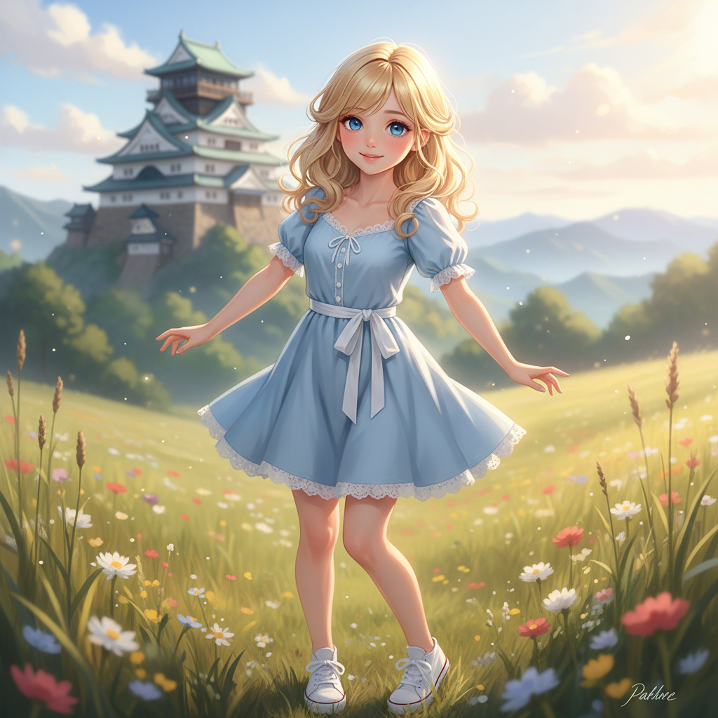 petite blonde, anime but realistic, blue eyes, small boobs, perky, innocent