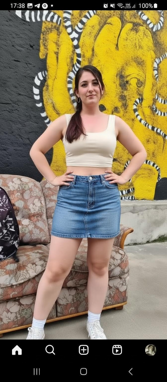 The mini skirt is shorter and we can see her entirely from the feet