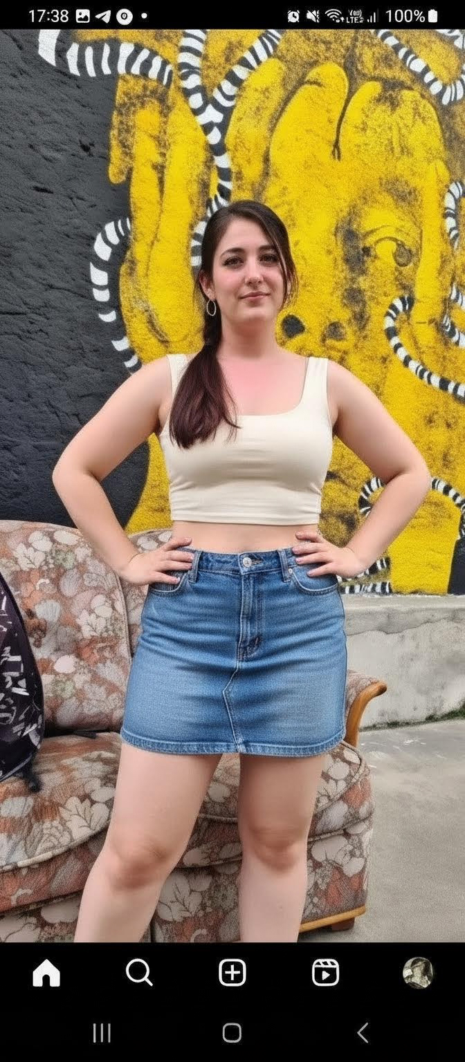 She stands up with her hands on their hips and a jean skirt and a little top, we can see her belly.