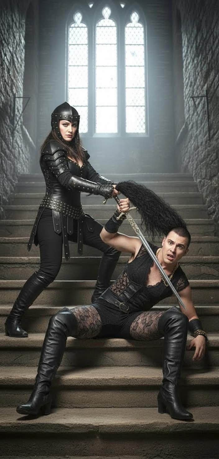 show a battle between the two fantasy characters in this picture where the female character on the left pulls the wig off the  character on the right, thus unmasking the character on the right as a man with a short haircut.  Also show the female on the left successfully defeating the male disguised as a female  on the right.  This ends with the male on the right humiliated and resting on his back on the stone stairs with his legs parted and a grimace on his face.