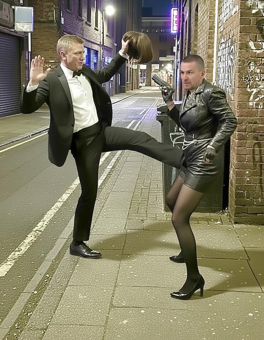 show the fantasy woman on the right side of the picture react to the debilitating kick from the fantasy man as she lets go of the gun she is holding and it falls to the ground. Then show the fantasy man pulling off the wig from the fantasy woman's head and hold it in the air to expose the fact that the fantasy woman is actually a fantasy man with a short haircut disguised as a fantasy woman.