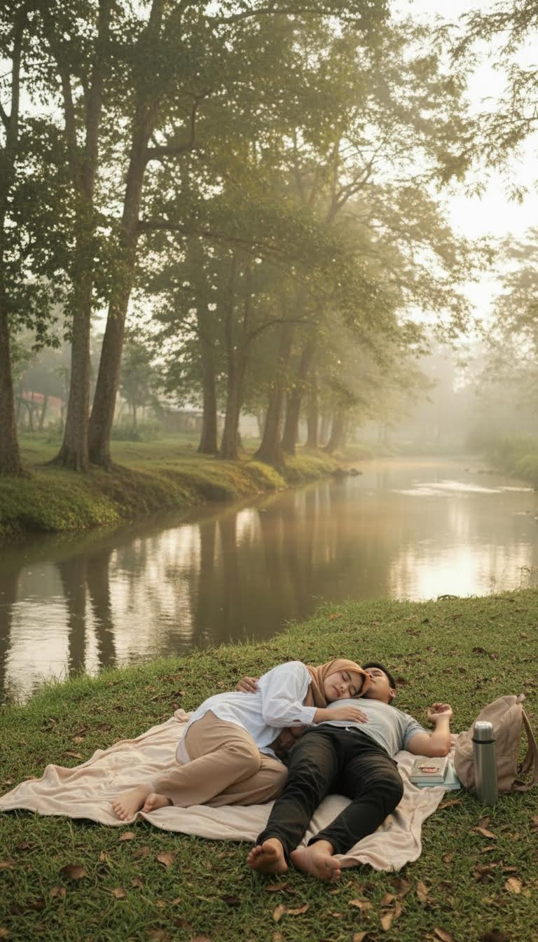 A couple sleeps peacefully by a river in a serene outdoor setting.