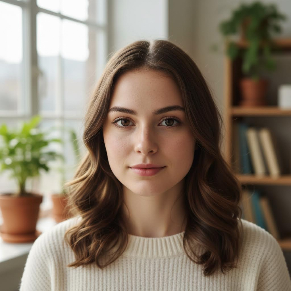 realistic portrait of a young woman, natural skin, soft light, 4k, high detail, professional photography