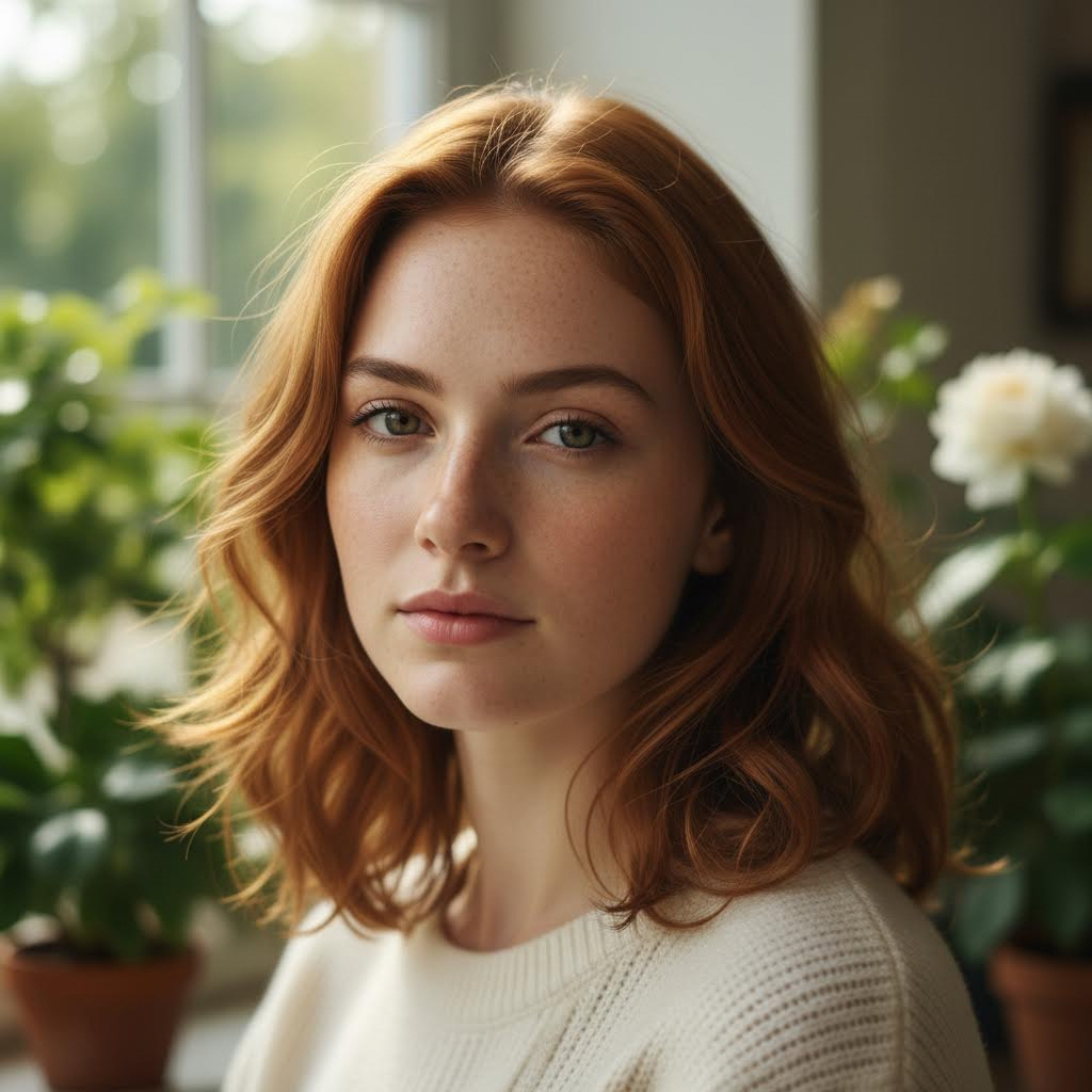 realistic portrait of a young woman, natural skin, soft light, 4k, high detail, professional photography