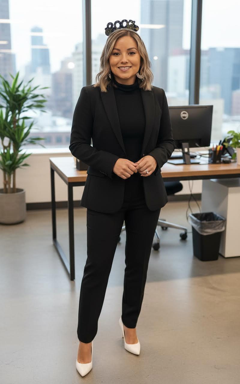 She is posing in an office a black business suit and white high heels