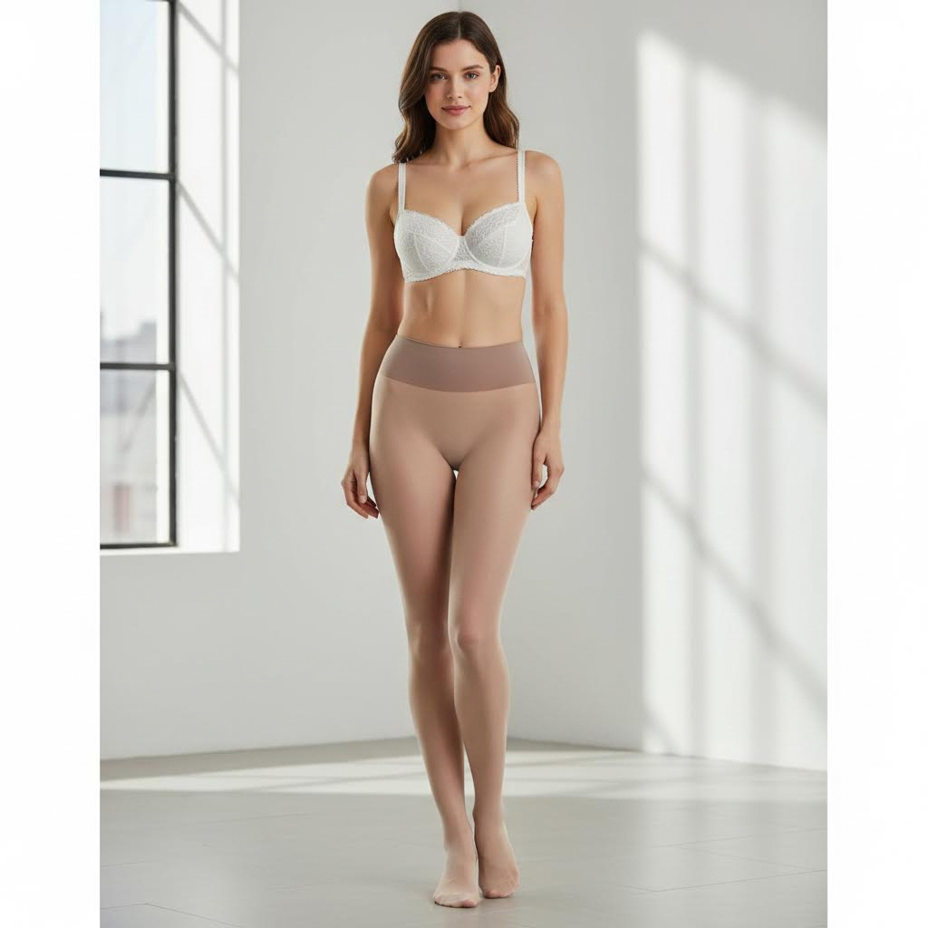 Full-body shot of a woman with no skirt on, no jacket on, no top on, white bra, showing the top of her control top tights, firm control waistband, 10 denier sheer legs with a 25+ denier control top, seamless design, high-quality, realistic