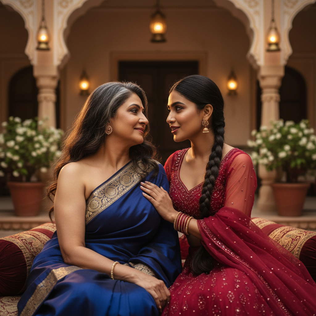 an older and younger indian woman looking seductively at one another