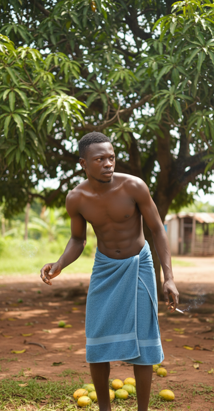 I'm shirtless in a minimalist outdoor setting, wearing low-slung, blue towel around my waist and sagging. He holds a cigarette between his fingers, looking away from the camera with a serious expression. Bent over and grabbing mangos on the ground contrasting with the outdoor tropical context implied—Suriname’s Brokopondo, under a mango tree. The scene blends casual, gritty realism with a hint of urban street style, captured in a medium shot with natural lighting.