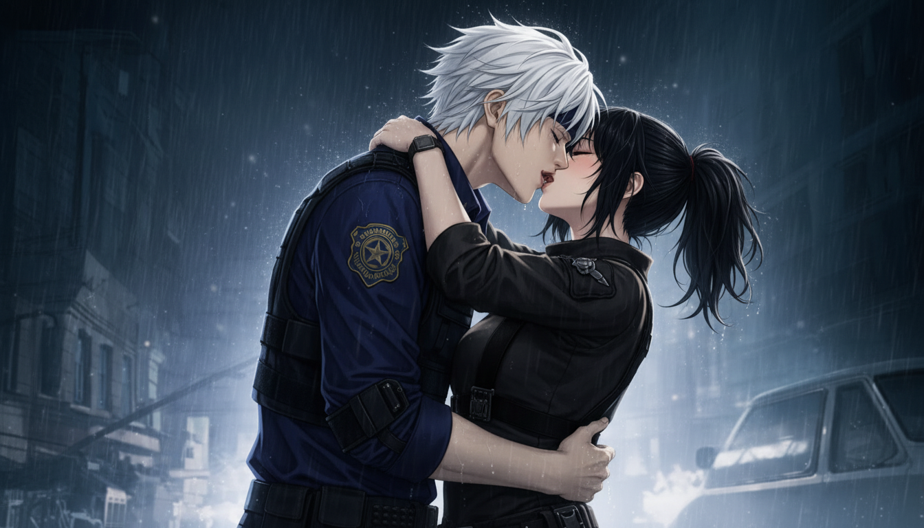 Make them kissing badly in an intense and erotic way he's holding her and they're both relaxed in the french kiss