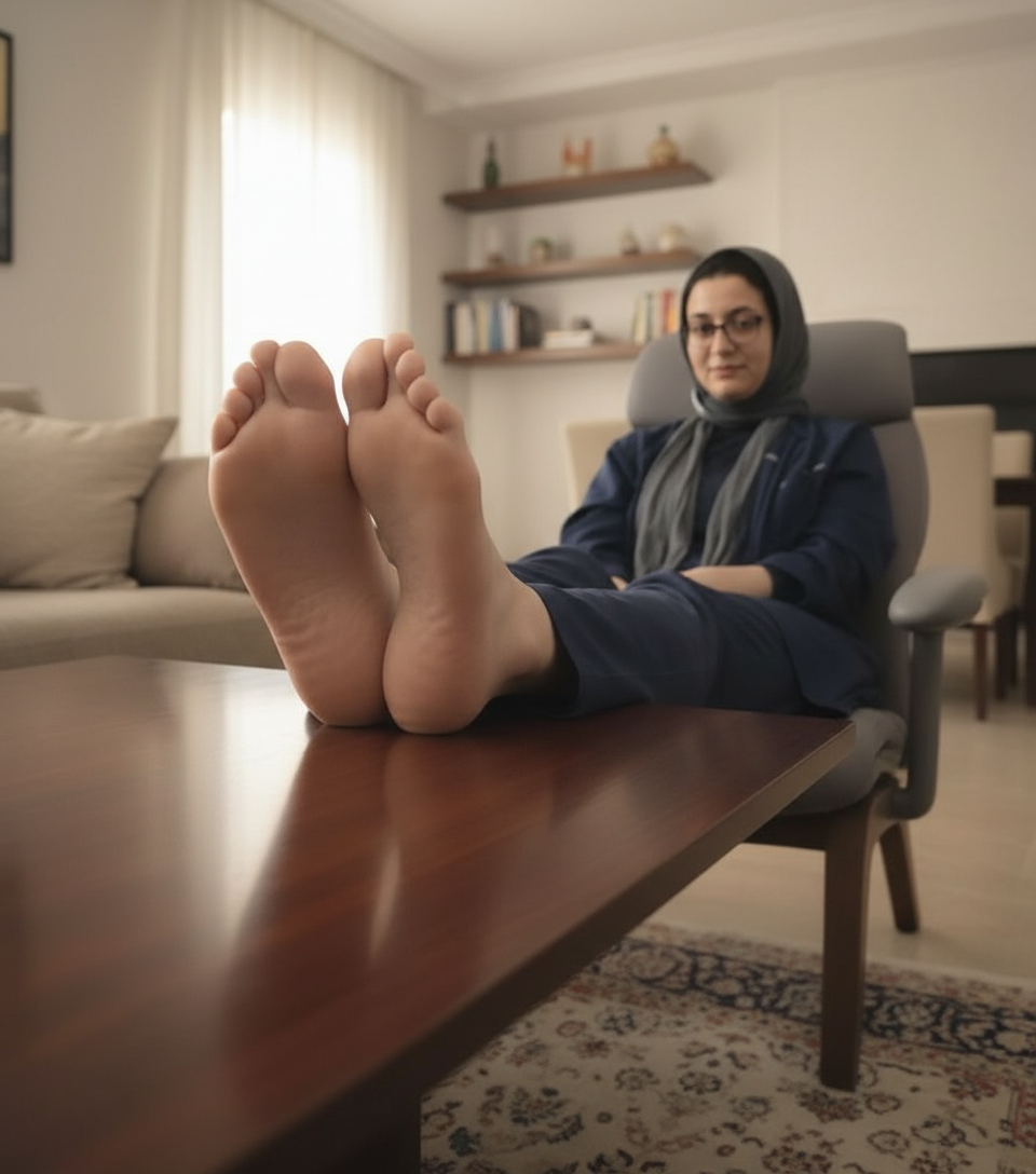 Resting her feet on living room table
