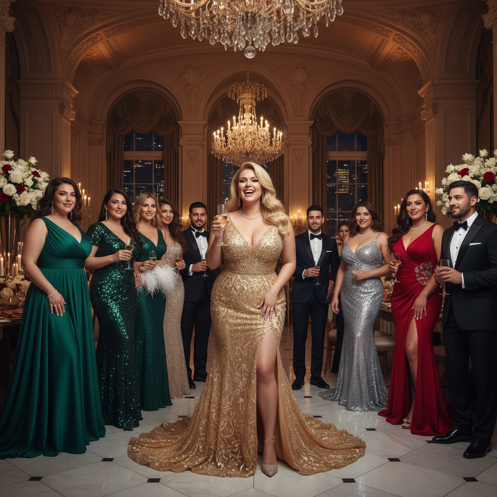 A beautiful blonde woman with a curvy body at a lavish party with other Latina women, all wearing luxurious, and there are men