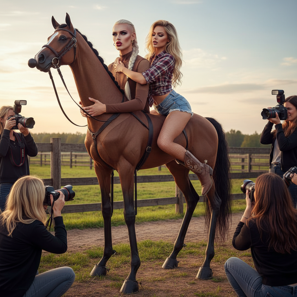 A pompous 21 yo 6'7" effeminate male with his once long bleached blonde hair shaved styled into one French braid running down the center of his head to resemble a horse’s mane, loses a bet to his sister who may have taken their sibling rivalry too far as he is dressed in a brown long sleeved,  form-fitting bodysuit with built in stilted arms with hooves(giving him a horse's gait resembling four equal length legs instead of two arms and two legs turning him into a  super model's personal centaur), fishnet panels and a horse tail , finds himself transformed into human horse with a bridle strapped to his head and reins attached to the bridle with a built in ball shaped bit placed in between his plump pouty red lips keeping him silenced and bewildered. He standing on all fours as his limbs are very rigid  as he hear the echos of his hooves hitting the ground, his mind racing with questions about this bizarre transformation. He is given a glamorous matte makeup makeover (eyes,eyebrows, lips and long lashes)to give him an unwanted feminine vibe making him look glamorous for his photo shoot debut as he looks like a human hobby horseHis 20 yo 6'2", sassy, super model, long gorgeous blonde haired sister who is country tough saunters to him, clad in a tied up flannel shirt, denim cut off  cheeky shorts, and fishnet tights, and cowboy boots with spurs which she digs into his thighs and with a sly mischevious yet promiscuous grin with a wild flirtatious look her eyes as she poses provocatively and lays across his back very provocatively, legs wrapped around his torso and hugging his neck and playing with his braid teasing him while posing for the cameras rendering him helpless as she poses on top of him in the middle of a horse farm while her gorgeous super model best friend poses alongside the two of them brushing his gorgeous tail with a group of gorgeous female photographers gathered around taking photos of them as she in the middle of a her super model professional photo shoot as he is being used as a feminine photo prop and treated like livestock