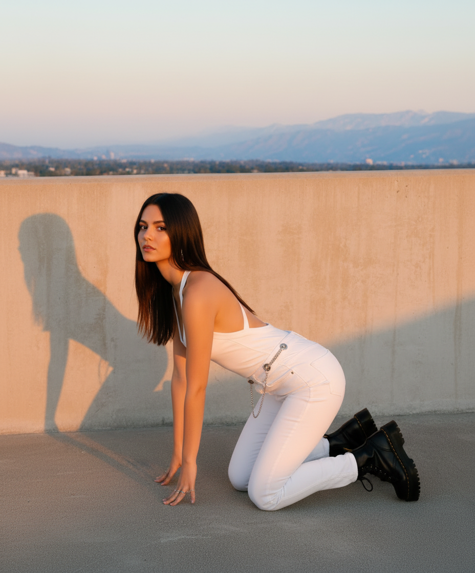 Make the girl crawl on her hands and knees. View from the side