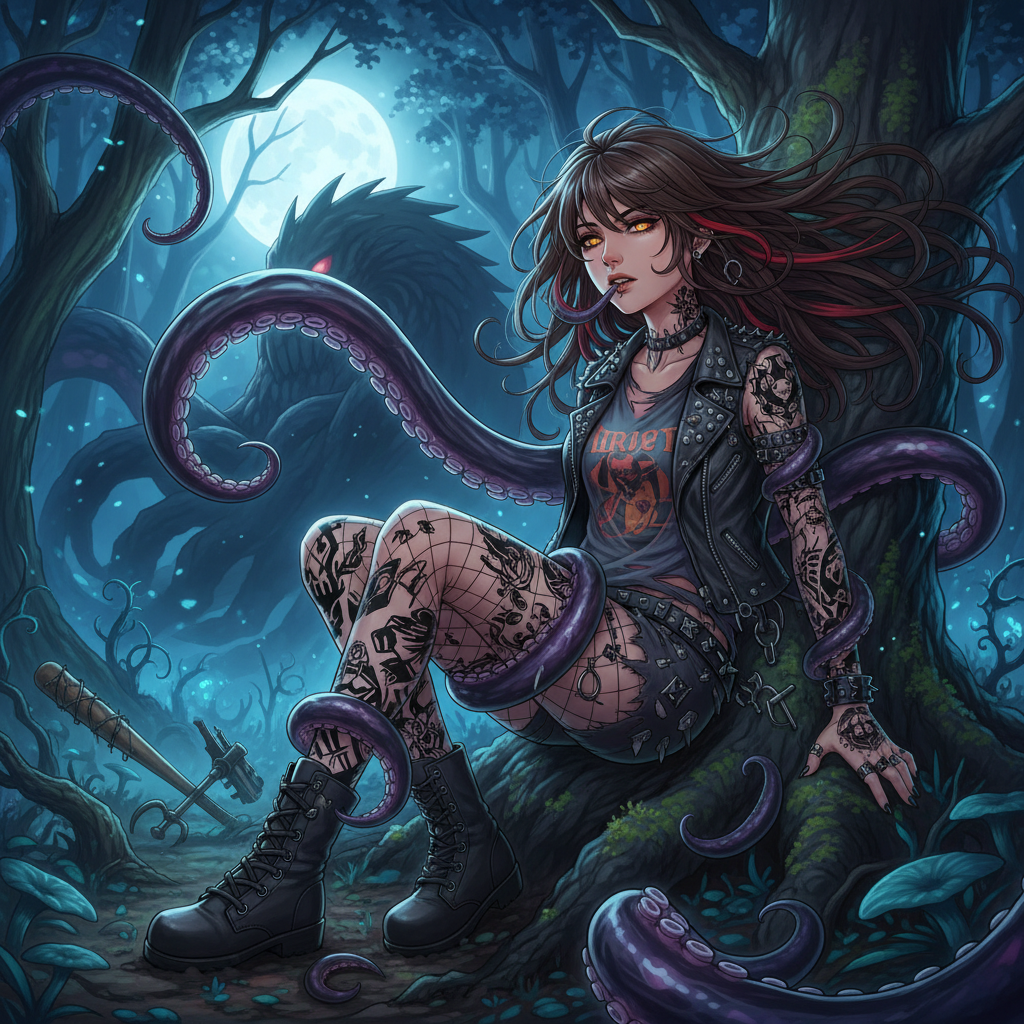 Make an anime girl with long brown hair, cool tattoos, punk attire, and face piercings. Put her in the forest at night with a tentacle creature restraining her after battling her. Make the tentacles go near her lips