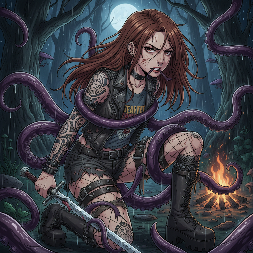 Make an anime girl with long brown hair, cool tattoos, punk attire, and face piercings. Put her in the forest at night with a tentacle creature restraining her tightly after battling her. Make the tentacles go near her lips and thighs . Make it realistic and close up