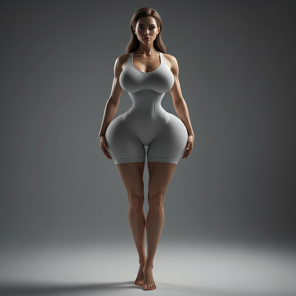 Sculpt striking feminine proportions with powerful upper body emphasis: achieve extremely pronounced and voluminous upper silhouette for maximum presence and fullness in the chest region, dramatically narrow and defined waistline creating extreme hourglass contrast, strongly accentuated rounded lower body curves with balanced hip enhancement, elongated graceful legs, toned slender arms, ultra-photorealistic anatomy, natural skin texture lighting and clothing adaptation preserved, high detail, correct posture, no artifacts or distortion