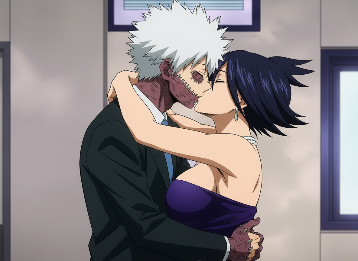 Make them French kiss, Make them extremely passionately deep full french kiss, properly with no tongue showing, both close their eyes, make the hug as well